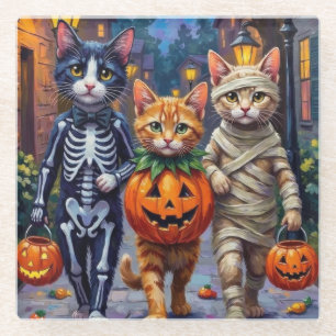 Tuxedo Cats Trick-or-Treating in Halloween Costume Glass Coaster