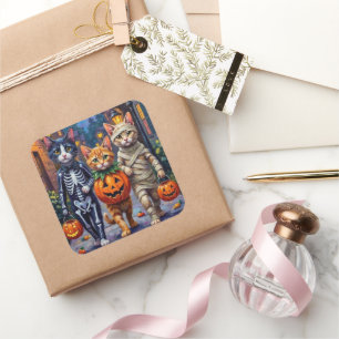 Tuxedo Cats Trick-or-Treating in Halloween Costume Square Sticker