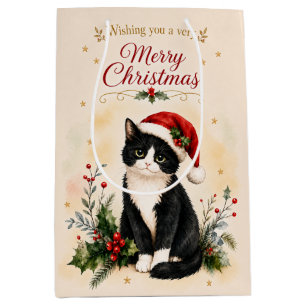 Tuxedo Christmas Cat in Santa Hat Medium Gift Bag