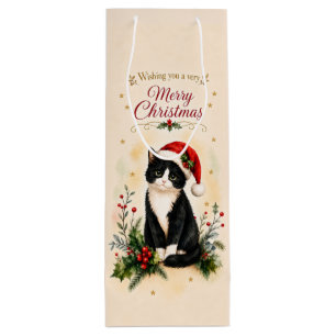 Tuxedo Christmas Cat in Santa Hat Wine Gift Bag