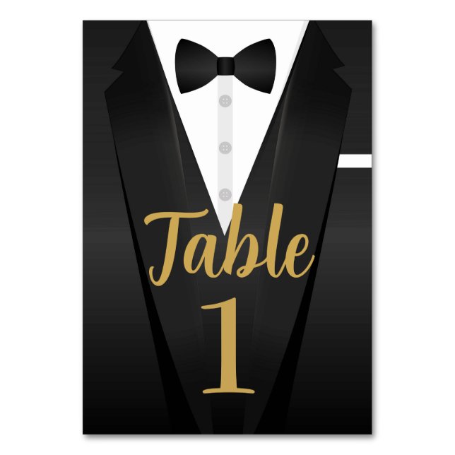 Tuxedo Event Bow Tie Black Tie Party Gold Wedding Table Number (Front)