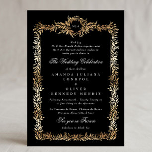 tuxedo gold botanical frame monogram wedding invitation