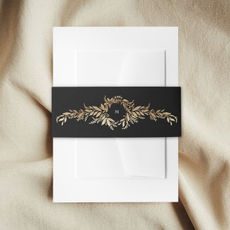 tuxedo & gold botanical wreath monogram wedding invitation belly band