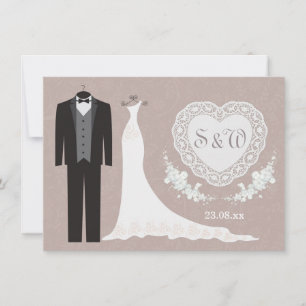Tuxedo gown, heart on beige grey Wedding Invitation