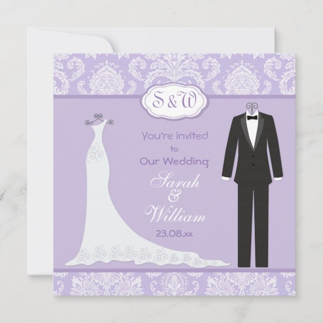Tuxedo & Gown on lavender lilac damask Wedding Invitation (Front)