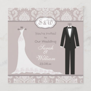 Tuxedo & Gown on pink grey damask Wedding Invitation