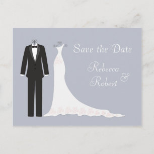 Tuxedo,Gown on silver blue Save the Date Postcard