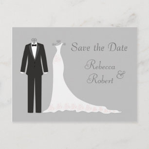 Tuxedo, Gown on silver Save the Date Postcard