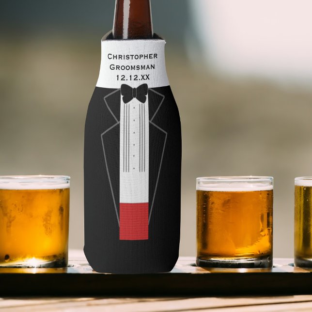 Tuxedo Groomsman Wedding Bottle Cooler (Perfect wedding favor for your Groomsman. Just add his name and your wedding date)
