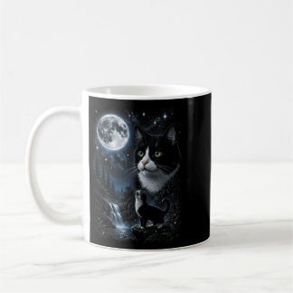 Tuxedo Howling At Moon 90s Retro Nature Forest Cat Coffee Mug