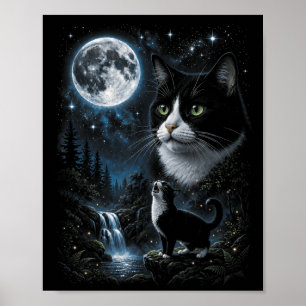 Tuxedo Howling At Moon 90s Retro Nature Forest Cat Poster