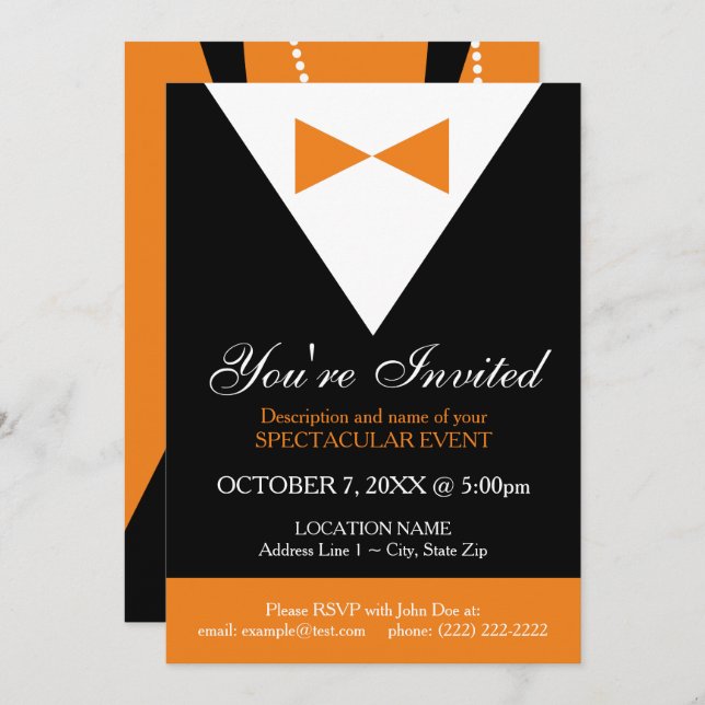 Tuxedo Invitations | Black and Orange Formal Party (Front/Back)