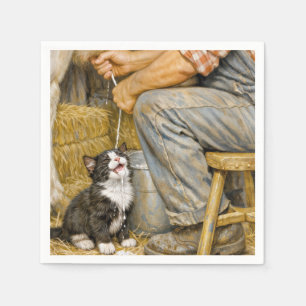Tuxedo Kitten Drinking Cow Milk Napkin
