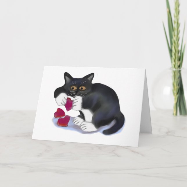 Tuxedo Kitten has Three Valentine Heart Catnip Toy Holiday Card (Front)