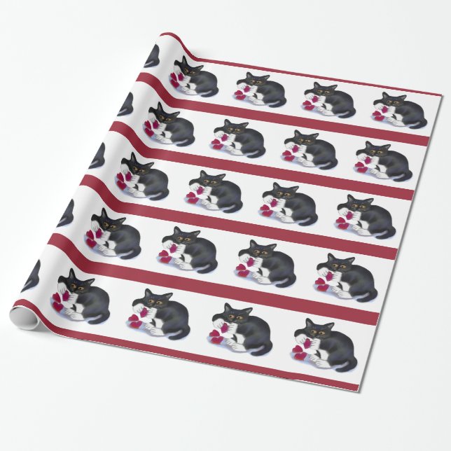Tuxedo Kitten has Three Valentine Heart Catnip Toy Wrapping Paper (Unrolled)