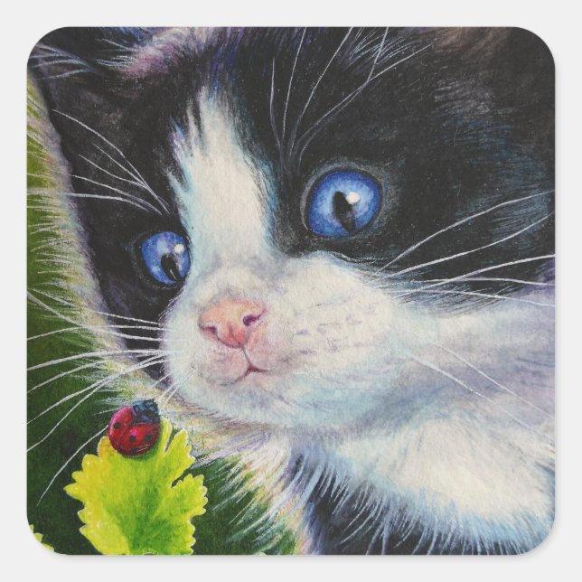 Tuxedo Kitten & Ladybug Watercolor Art Square Sticker (Front)