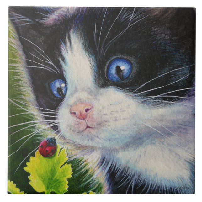 Tuxedo Kitten & Ladybug Watercolor Art Tile (Front)