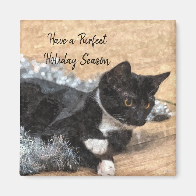 Tuxedo Kitten Tinsel and Lights Magnet (Front)