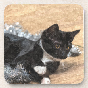 Tuxedo Kitten Tinsel and Lights Painterly Coaster