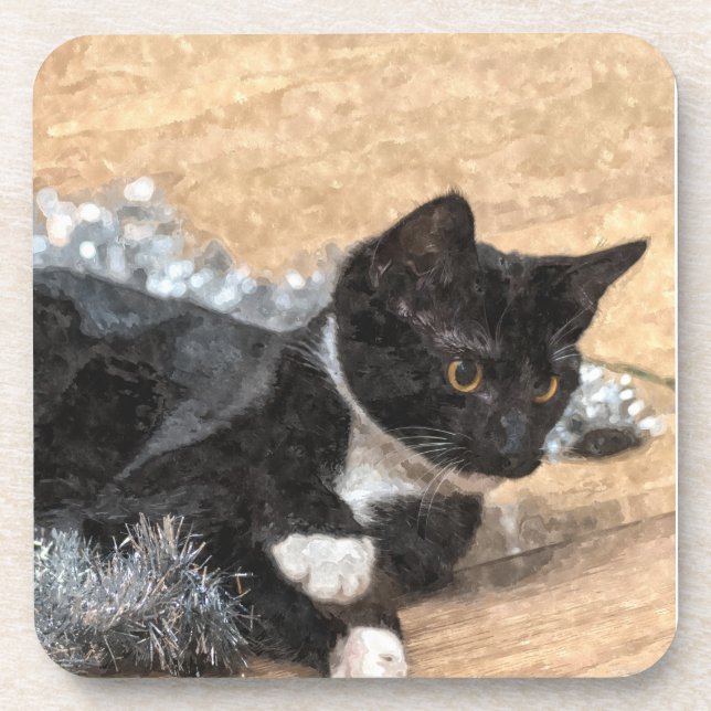 Tuxedo Kitten Tinsel and Lights Painterly Coaster (Front)