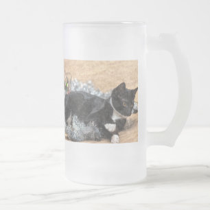 Tuxedo Kitten Tinsel and Lights Painterly Frosted  Glass Beer Mug