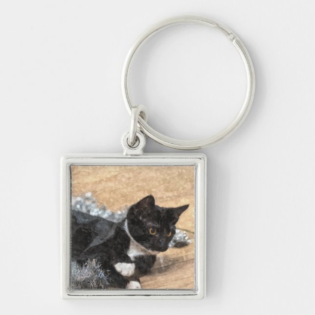 Tuxedo Kitten Tinsel and Lights Painterly Key Ring (Front)