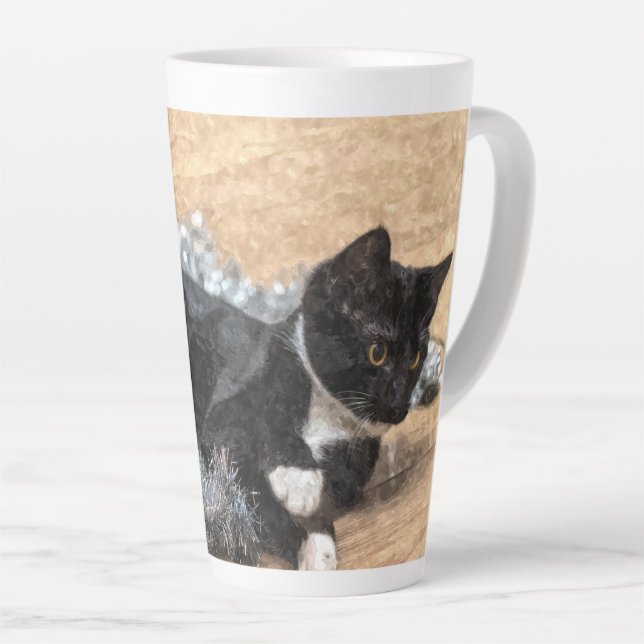 Tuxedo Kitten Tinsel and Lights Painterly Latte Mug (Right Angle)