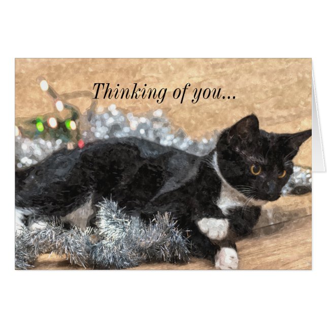 Tuxedo Kitten Tinsel and Lights Thinking Of You (Front Horizontal)