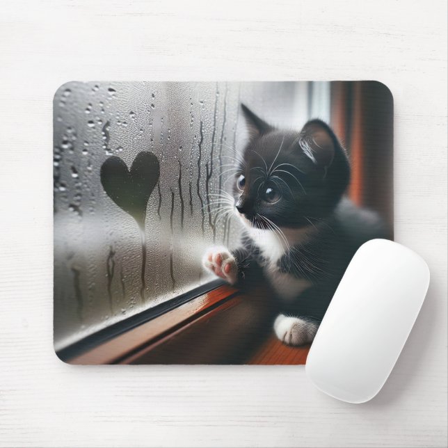 Tuxedo Kitten With a Window Heart  Mouse Mat (With Mouse)