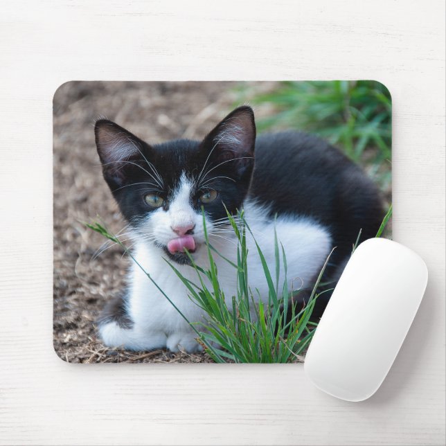 Tuxedo kitten with tongue sticking out mouse mat (With Mouse)