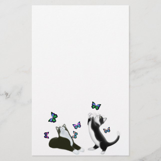 Tuxedo Kittens with Butterflies Stationery (Front)
