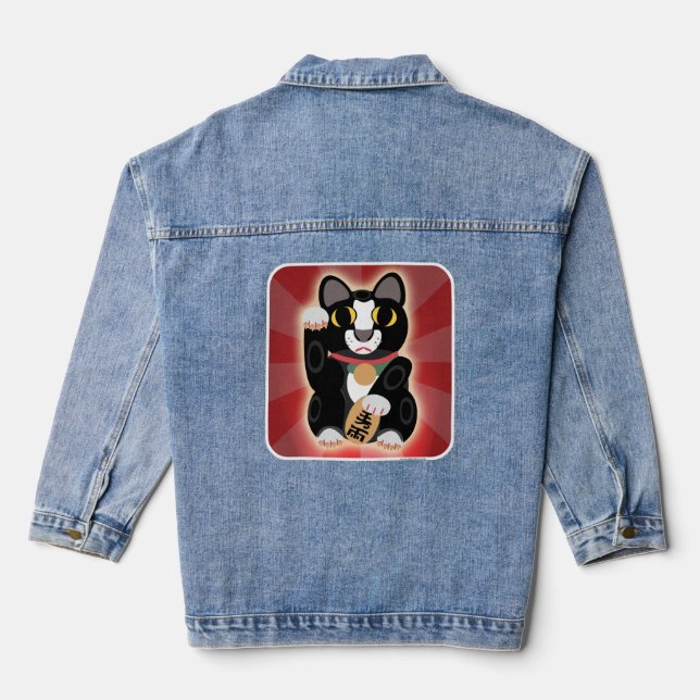 Tuxedo Lucky Cat Cartoon Fortune Pet Kitty Denim Jacket (Back)