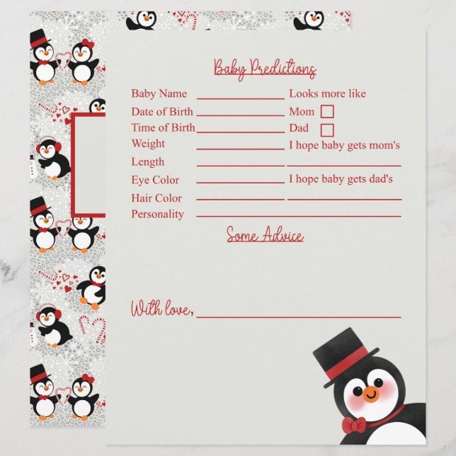 Tuxedo Penguin Baby Shower Predictions And Advice (Front/Back)