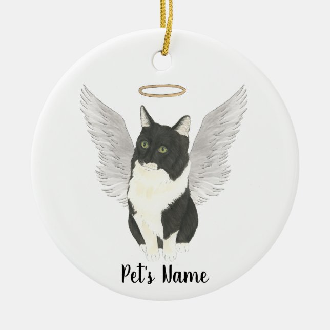 Tuxedo Ragamuffin Cat Sympathy Memorial Ceramic Tree Decoration (Front)