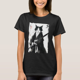 Tuxedo Samurai Cat Japanese Ink Painting Swordsman T-Shirt