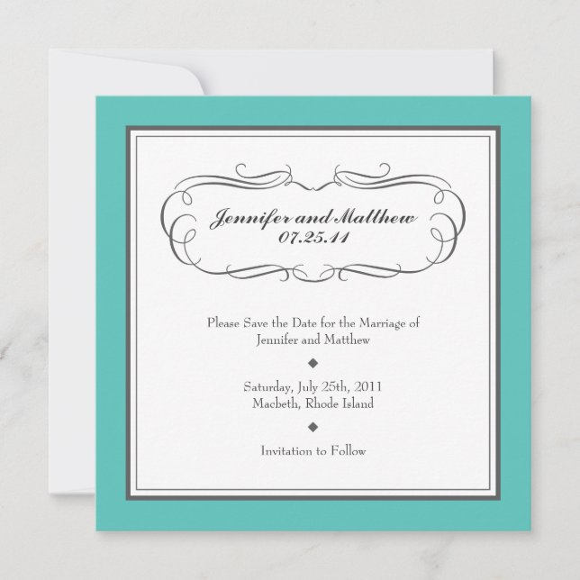 Tuxedo Save the Date - Turquoise and Grey (Front)
