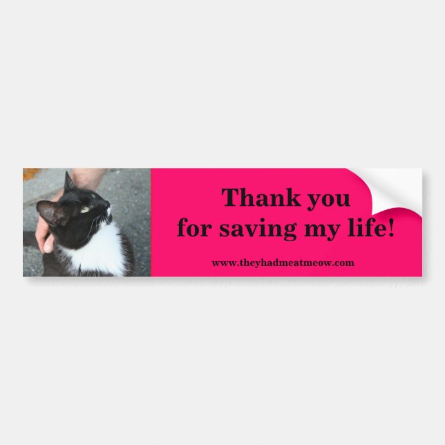 Tuxedo says:  Thanks for saving my life. Bumper Sticker (Front)