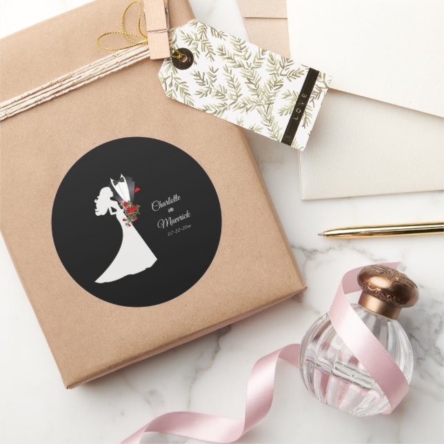Tuxedo Suit & Bride Silhouette Wedding Classic Round Sticker (Gifting)