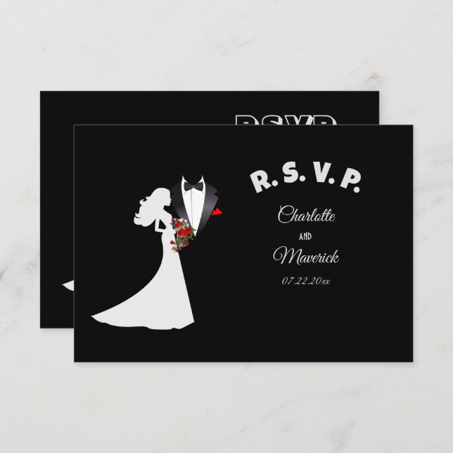 Tuxedo Suit & Bride Silhouette Wedding RSVP Card (Front/Back)
