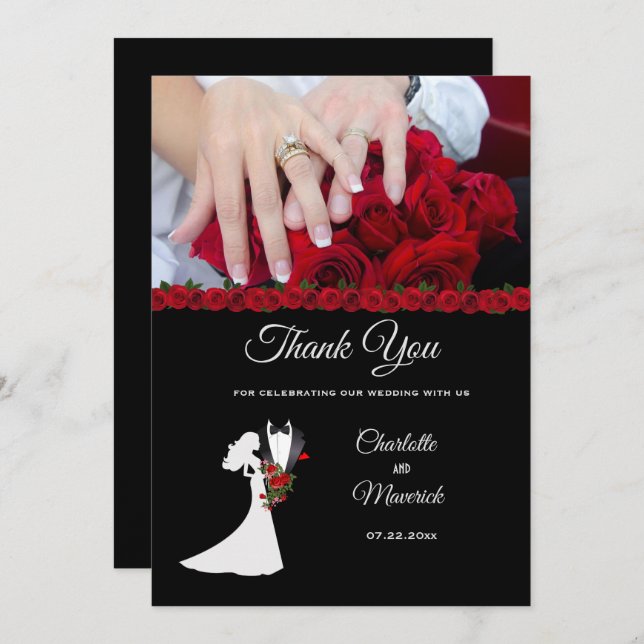 Tuxedo Suit & Bride Silhouette Wedding Thank You Card (Front/Back)