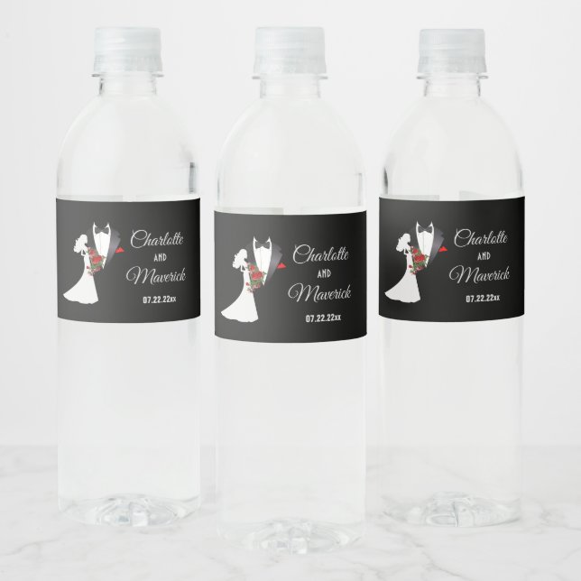 Tuxedo Suit & Bride Silhouette Wedding Water Bottle Label (Bottles)