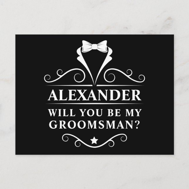 Tuxedo Tie Will You Be My Groomsman Black Postcard (Front)