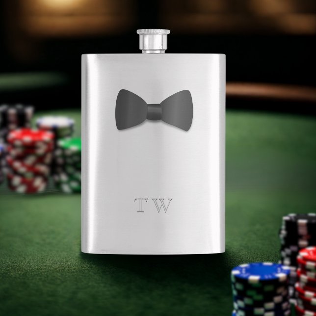 Tuxedo Wedding Bow Tie Monogrammed Silver Flask (For your Black Tie Poker Night Bachelor party - just add your initials)