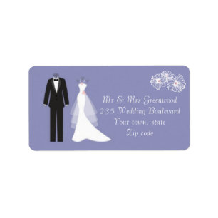 Tuxedo, wedding gown on purple Address Label