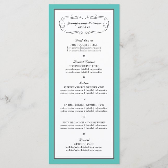 Tuxedo Wedding Menu in Turquoise and Grey (Front)