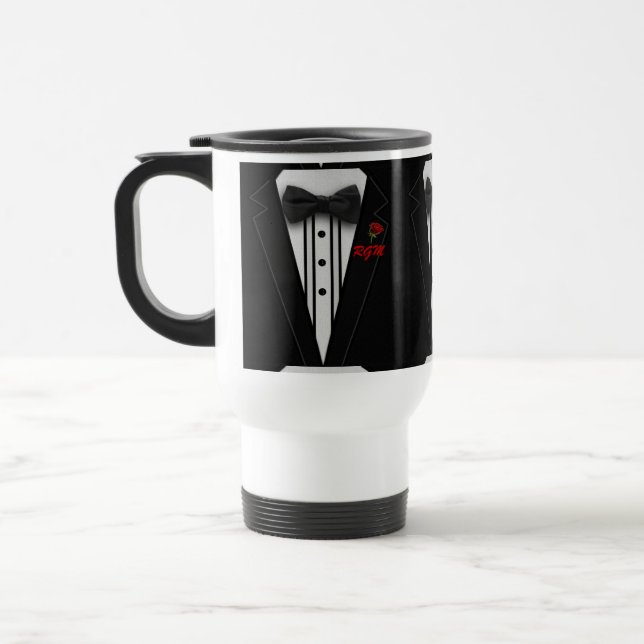 Tuxedo with Bow Tie Monogram Travel Mug (Left)