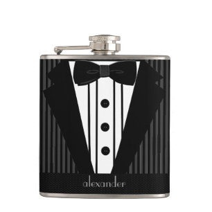 Tuxedo With Personalised Name Hip Flask