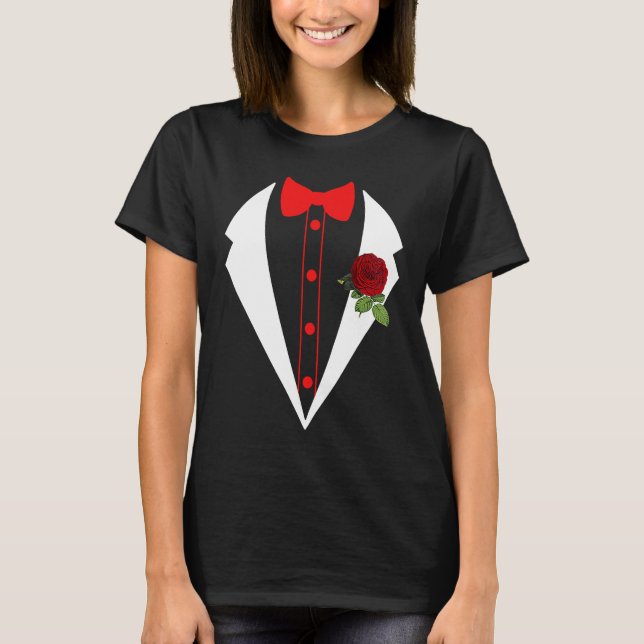 Tuxedo With Red Flower Wedding Fake Tux Bachelor P T-Shirt (Front)