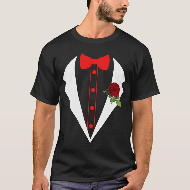 Tuxedo With Red Flower Wedding Fake Tux Bachelor P T-Shirt (Front)