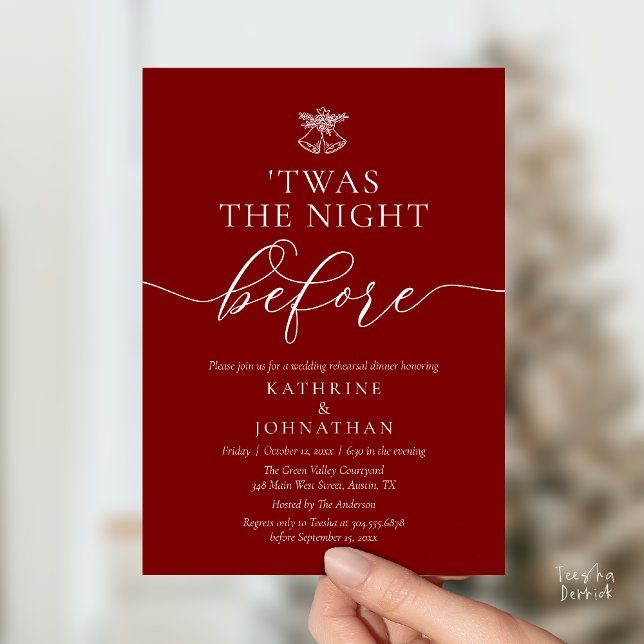 Twas The Night Before Classy Rehearsal Dinner Invitation ('Twas The Night Before Modern Romantic Wedding Rehearsal Dinner Invites Card PDF Burgundy Wine Red)